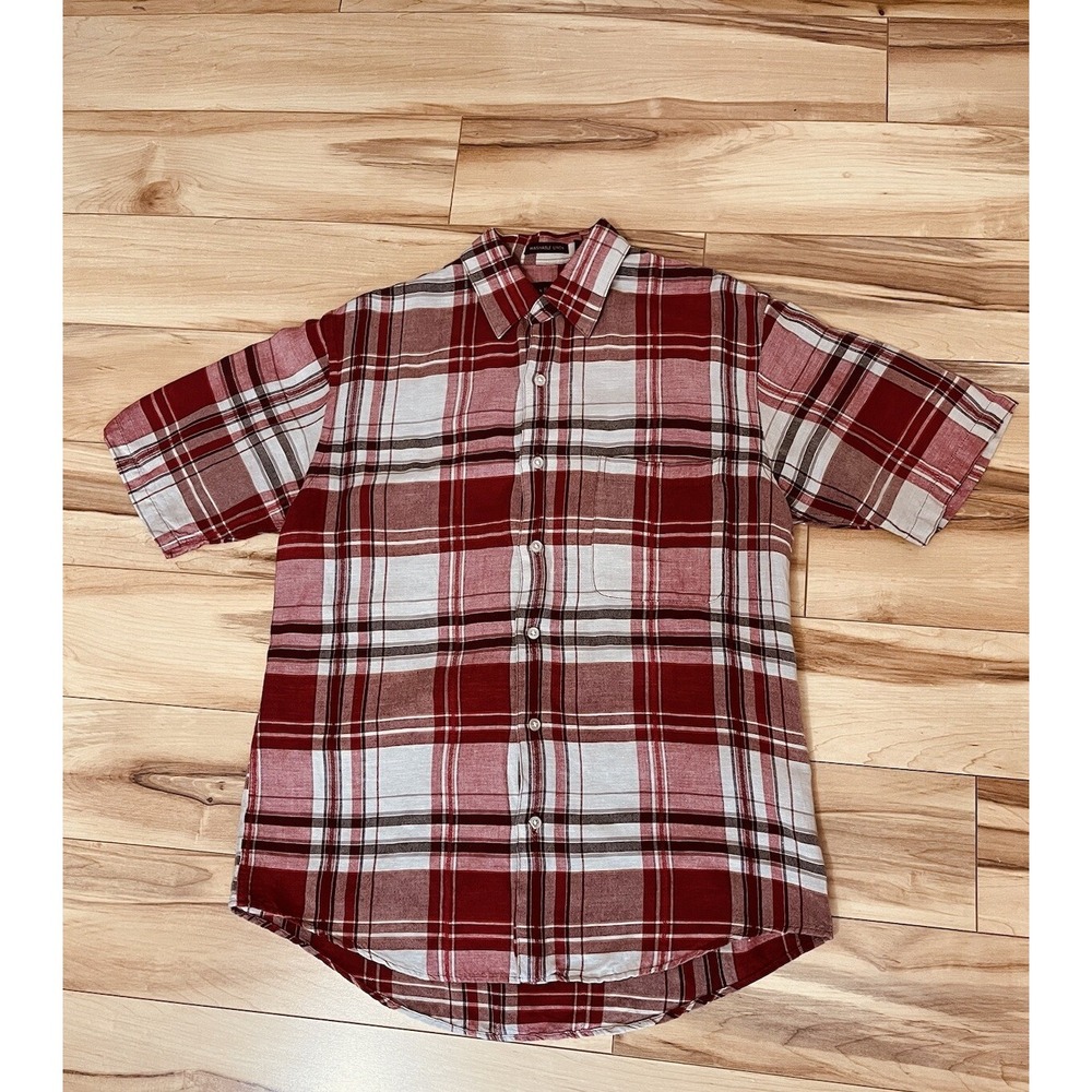 Van Heusen Washable Red Plaid Linen Short Sleeve Button Up Shirt Men S (14-14.5)
